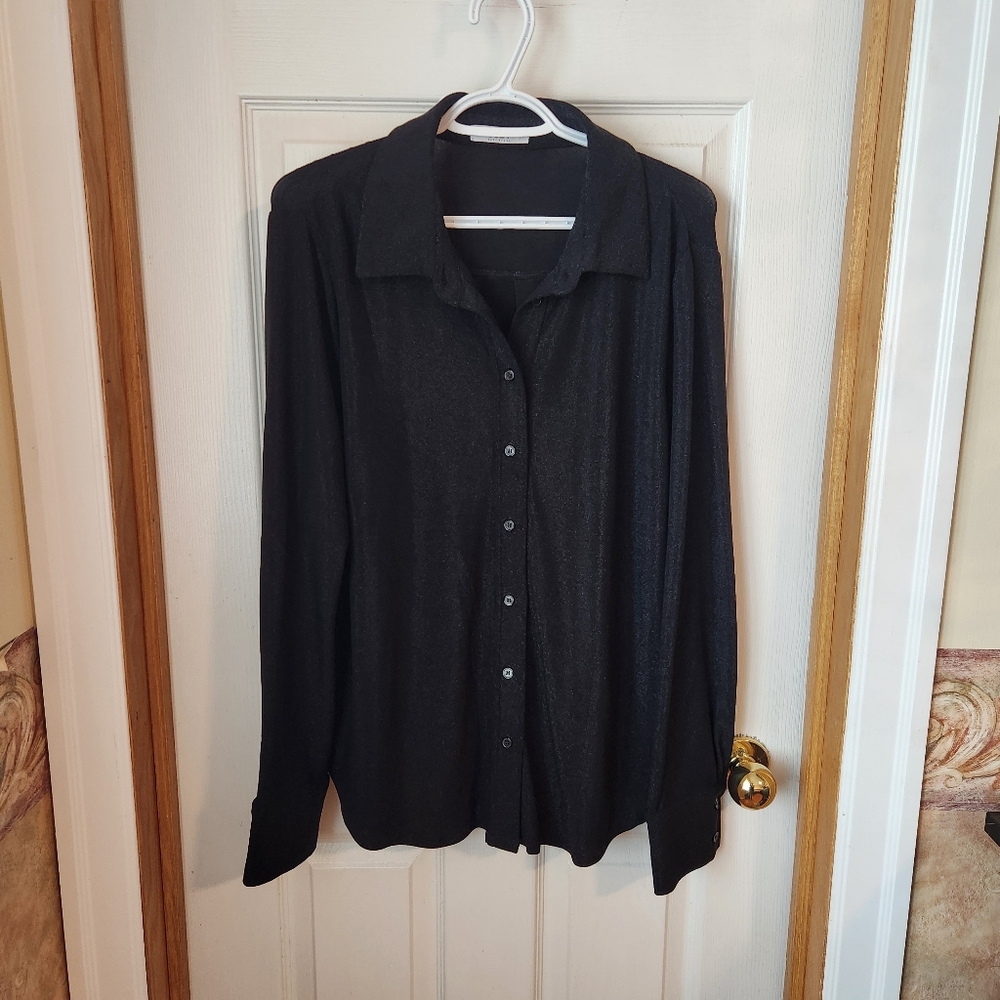 Suzy Shier Black Metallic Sparkle Button Down Shirt